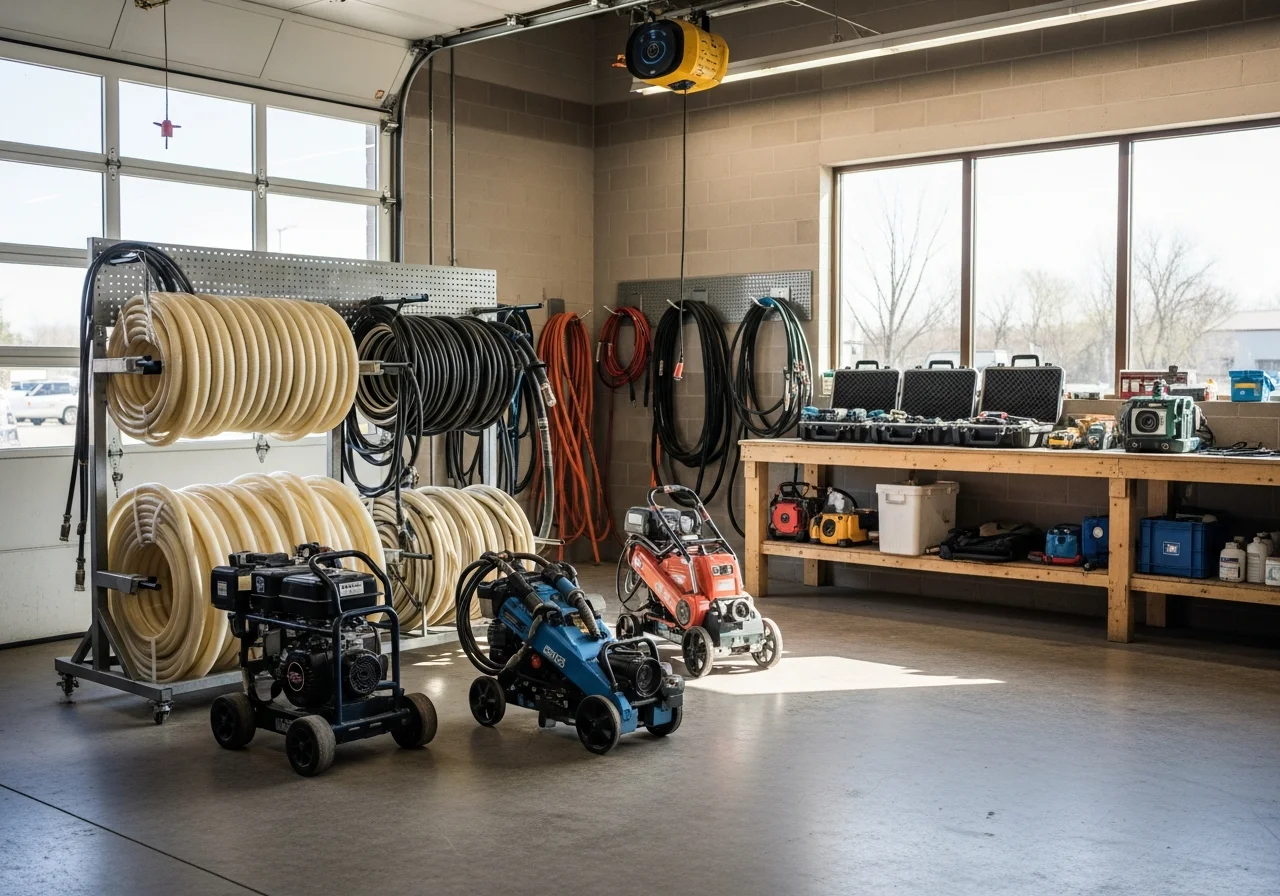 Professional plumbing crew with trenchless equipment and tools ready for sewer and water line repair work.