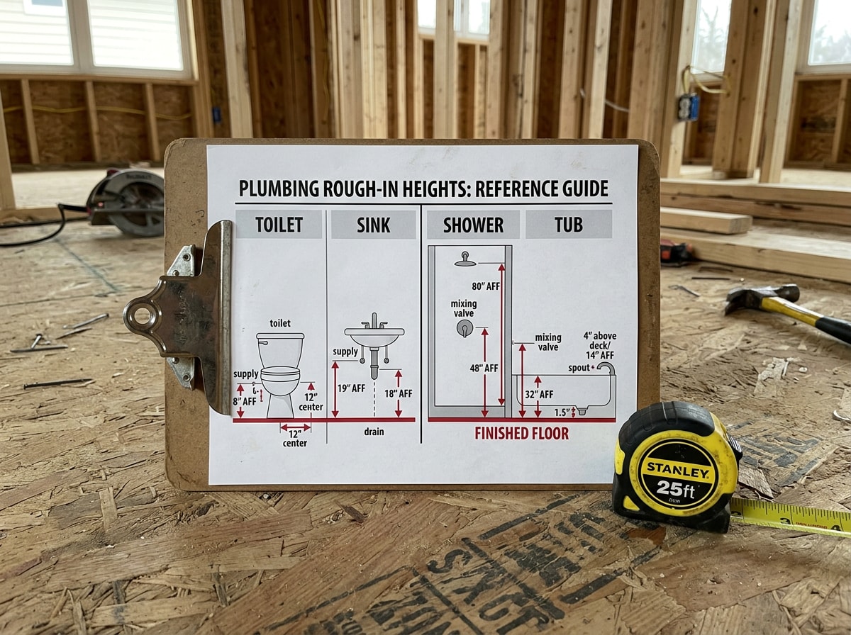 Side-by-side comparison chart of IPC and UPC bathroom rough-in dimensions for toilets, sinks, showers, and tubs