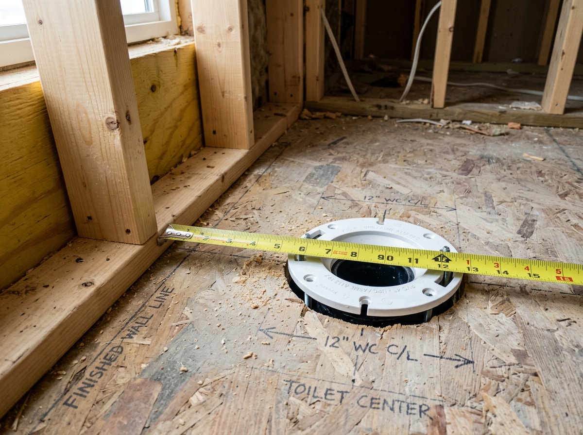 Diagram showing toilet rough-in distance from finished wall to flange center with front and side clearance measurements