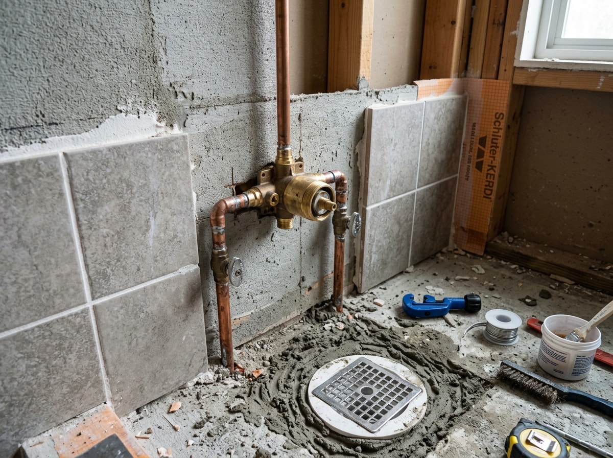 Shower rough-in diagram showing mixing valve height, showerhead height, and drain placement