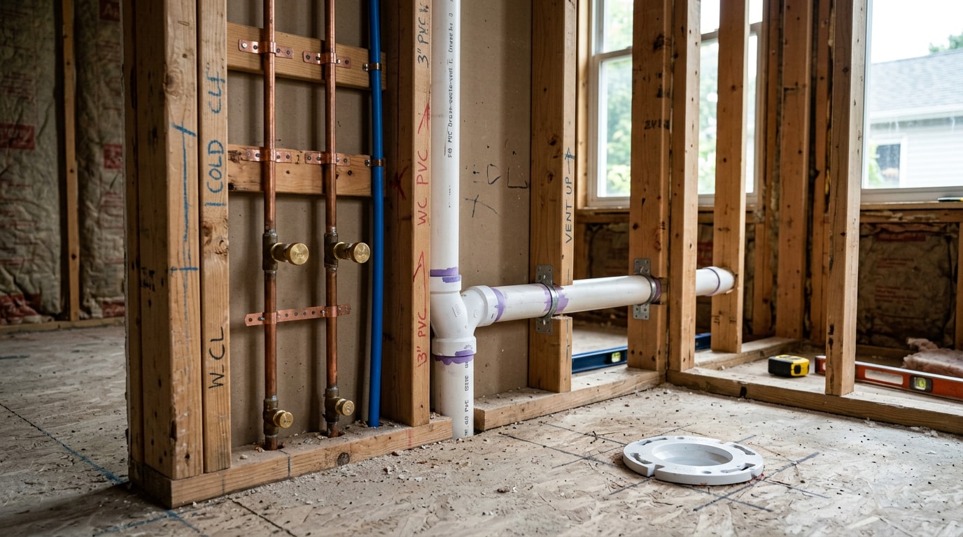 Open bathroom wall framing showing roughed-in plumbing supply and drain lines before drywall