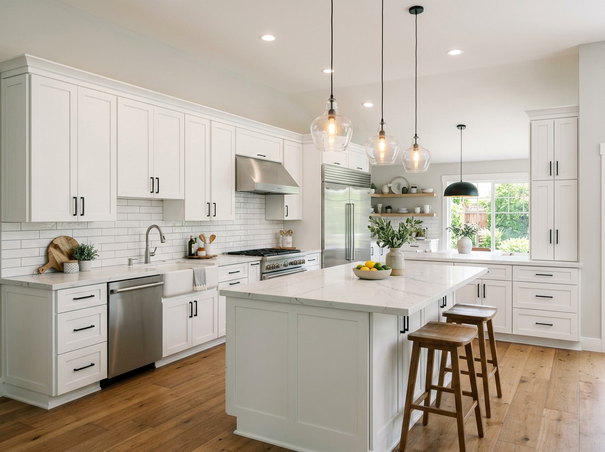 Completed kitchen remodel with new cabinetry, countertops, and updated lighting