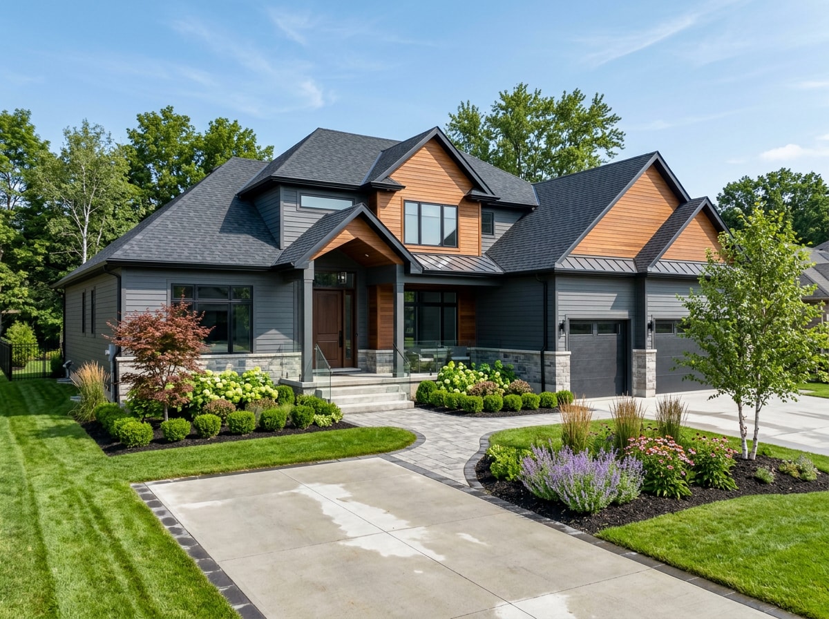Exterior of a newly completed custom home with finished landscaping