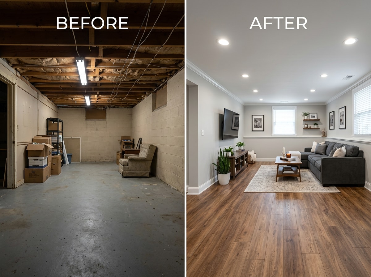 Before and after comparison of a finished basement with new flooring and trim