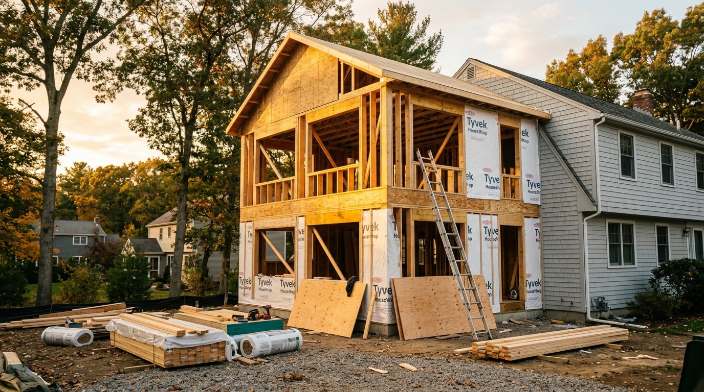 Residential construction and remodeling job site with a framed home addition