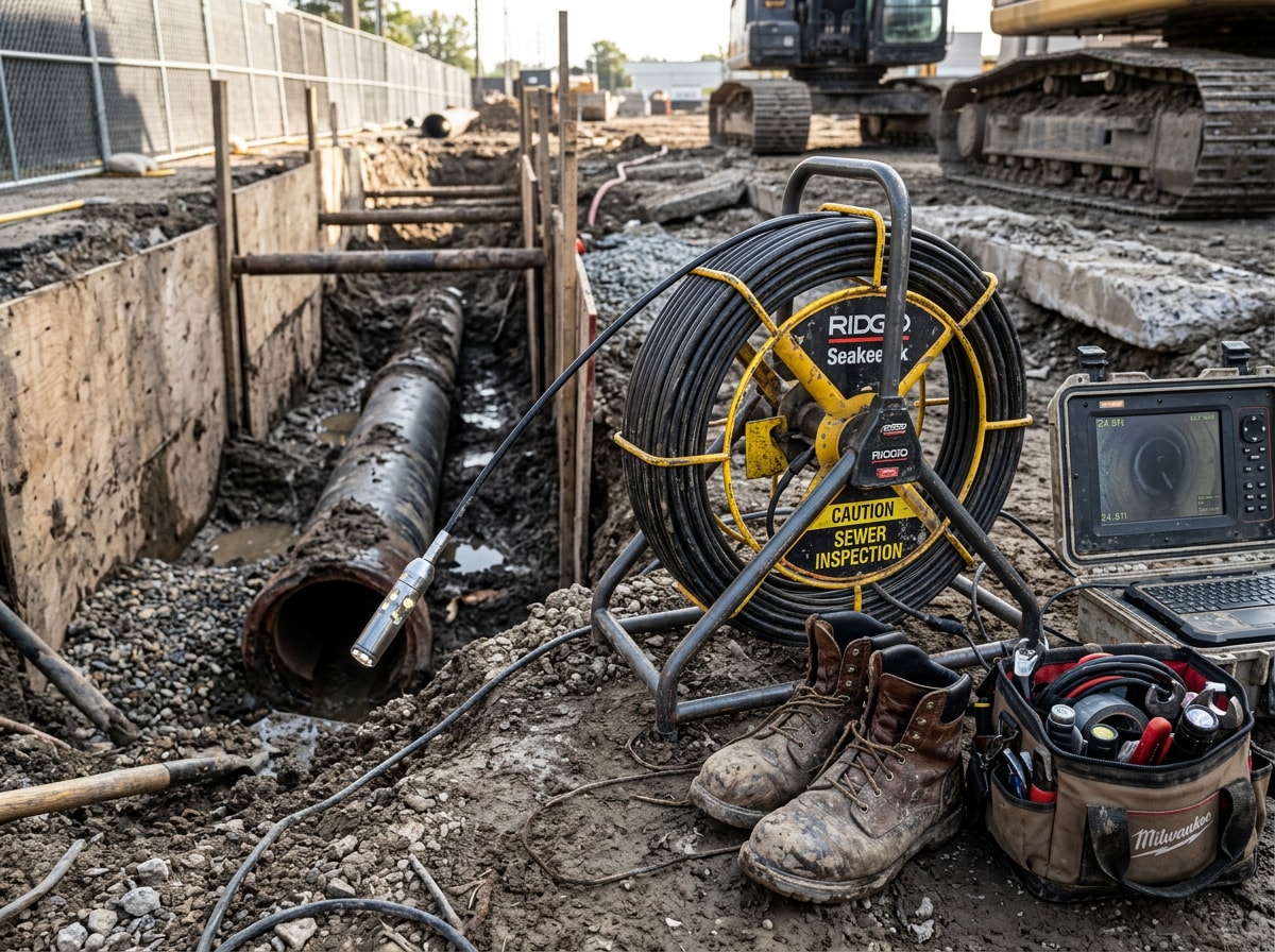 Underground utility sewer line inspection camera equipment at a commercial job site