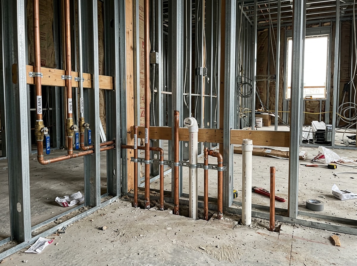 Commercial plumbing crew installing pipe rough-in at a Dover, OH construction site