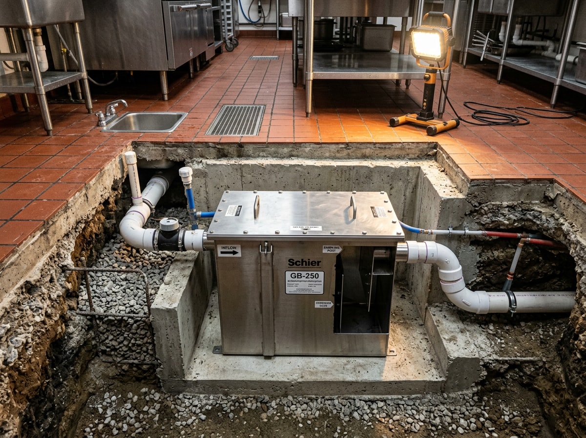 Before and after view of a commercial grease interceptor installed beneath a kitchen floor
