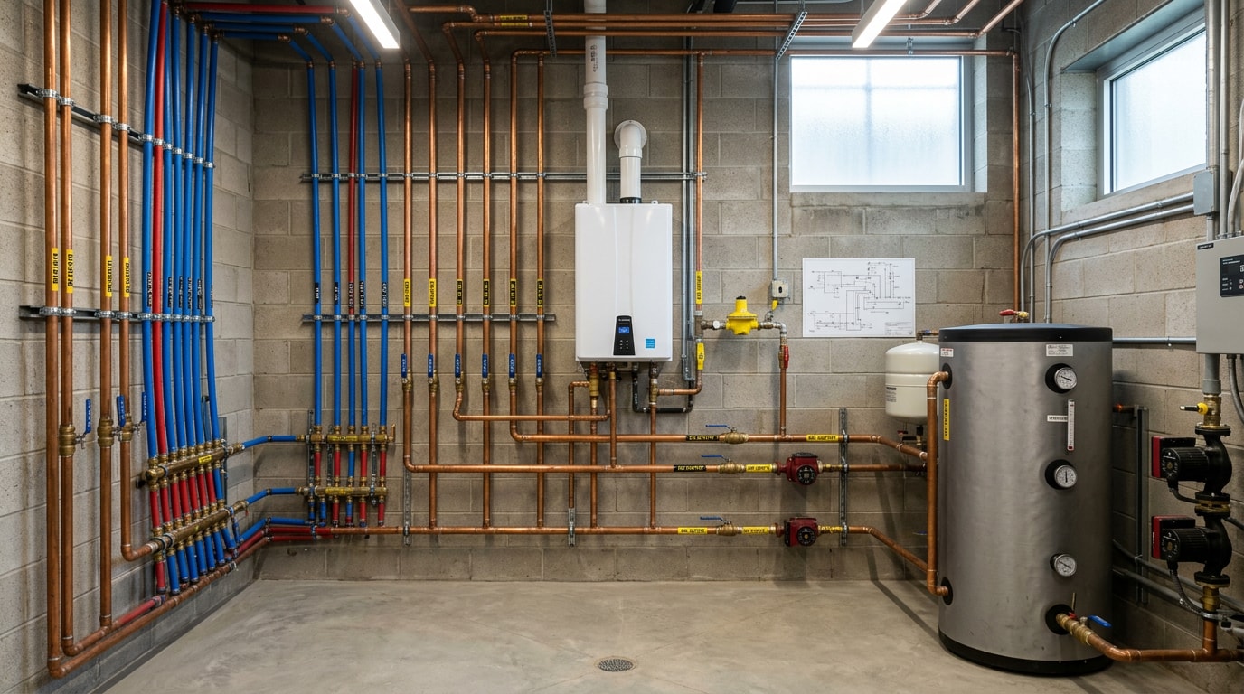 Finished commercial plumbing installation in a mechanical room with copper and PEX piping Finished commercial plumbing installation in a mechanical room with copper and PEX piping