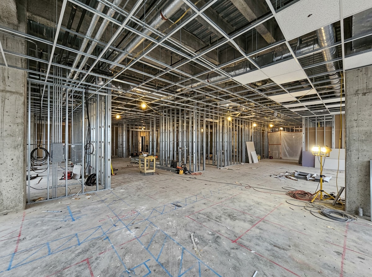 Interior of a commercial space mid-renovation with new framing and exposed ceiling systems