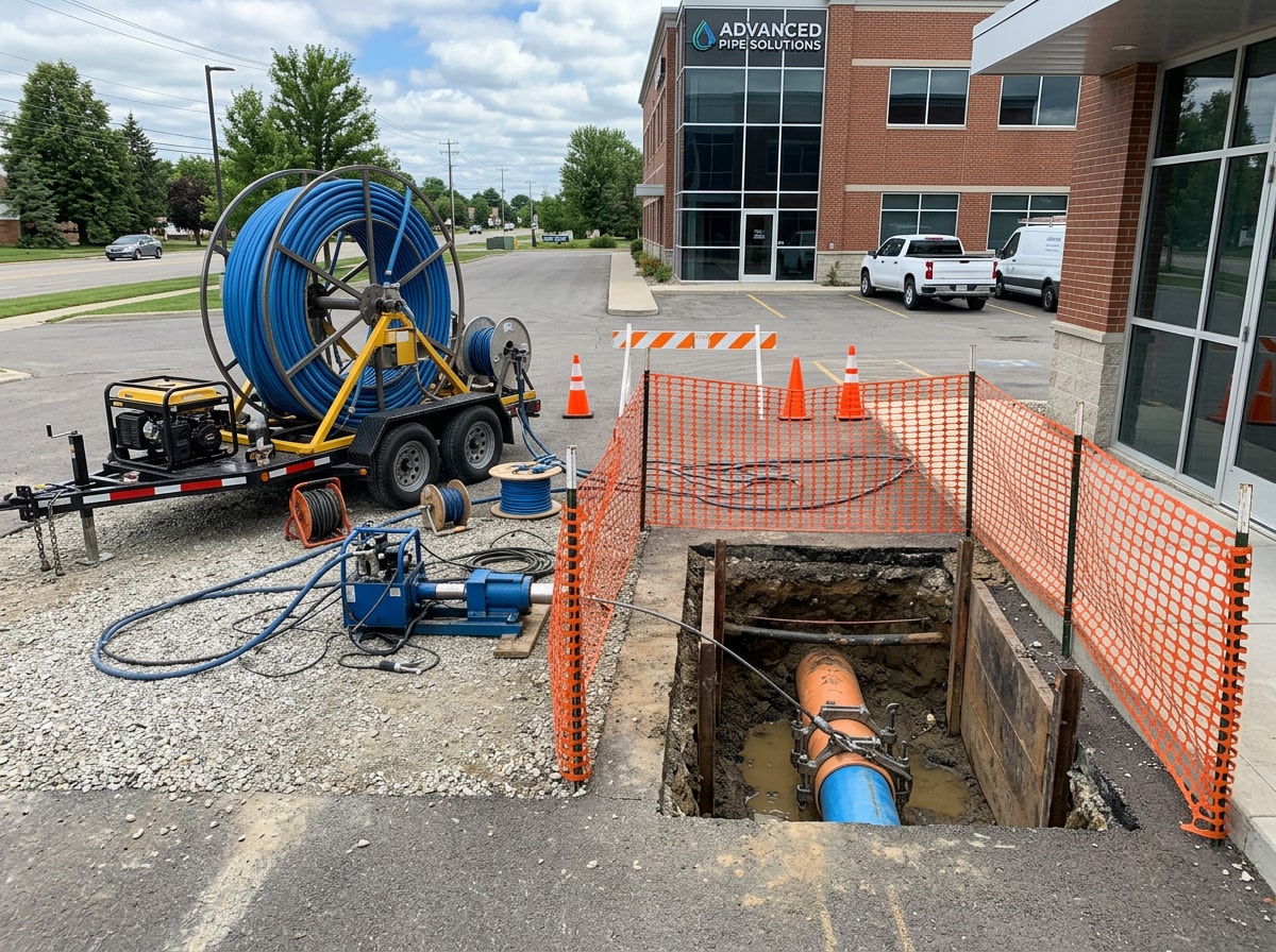 Trenchless pipe repair equipment staged near an access pit at a commercial building