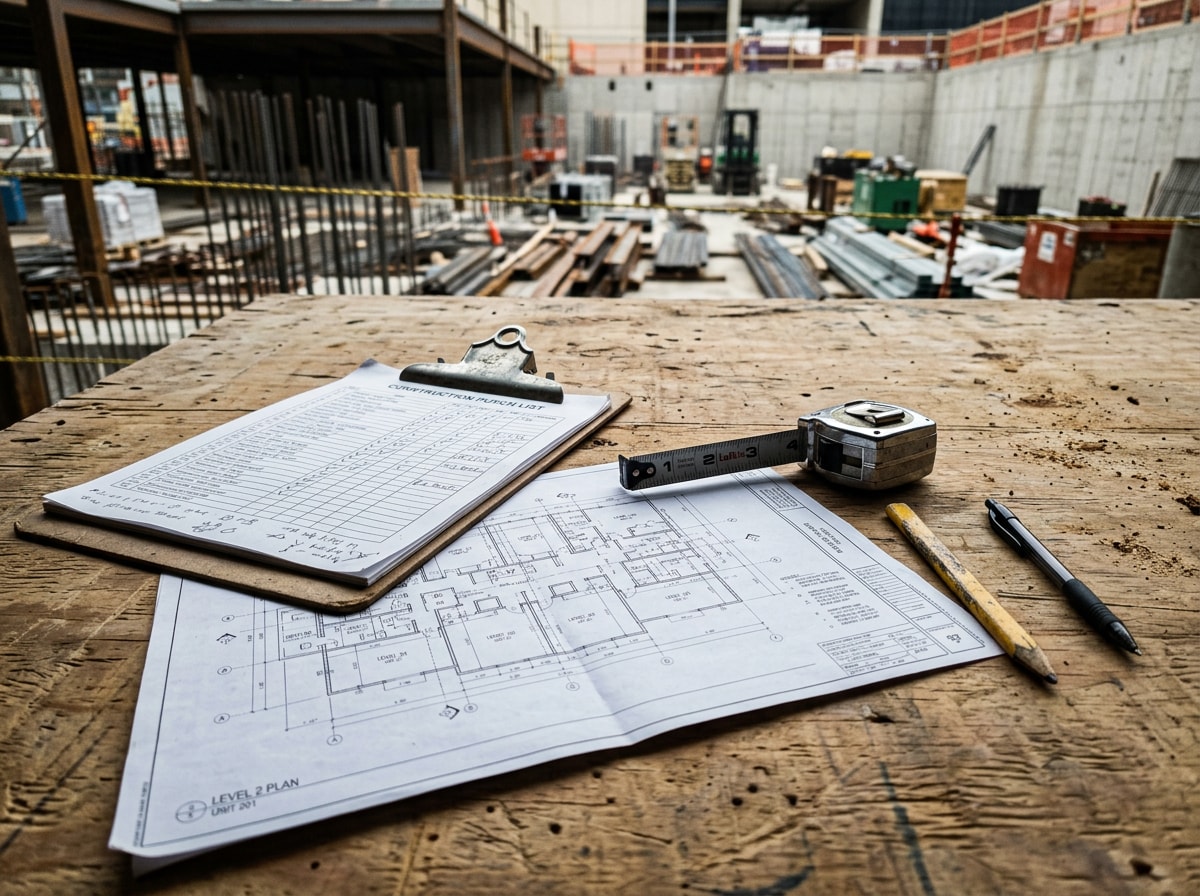 Punch list checklist and floor plan laid out on a job site table during a commercial renovation