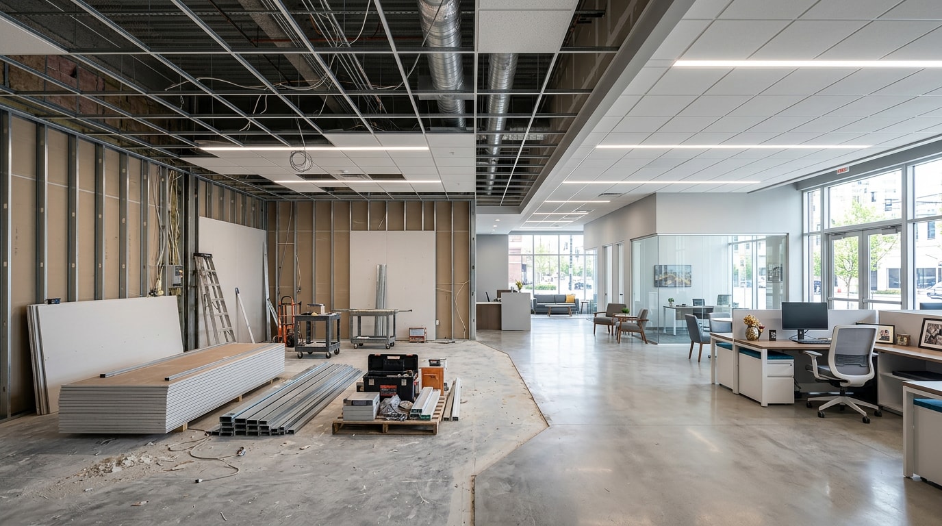 Commercial remodel contractor project showing a business interior transitioning from framing to finished space