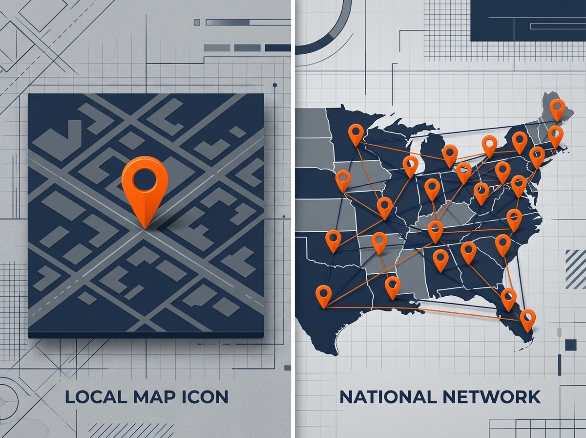 Icon graphic comparing local staffing agency reach versus nationwide workforce network for construction