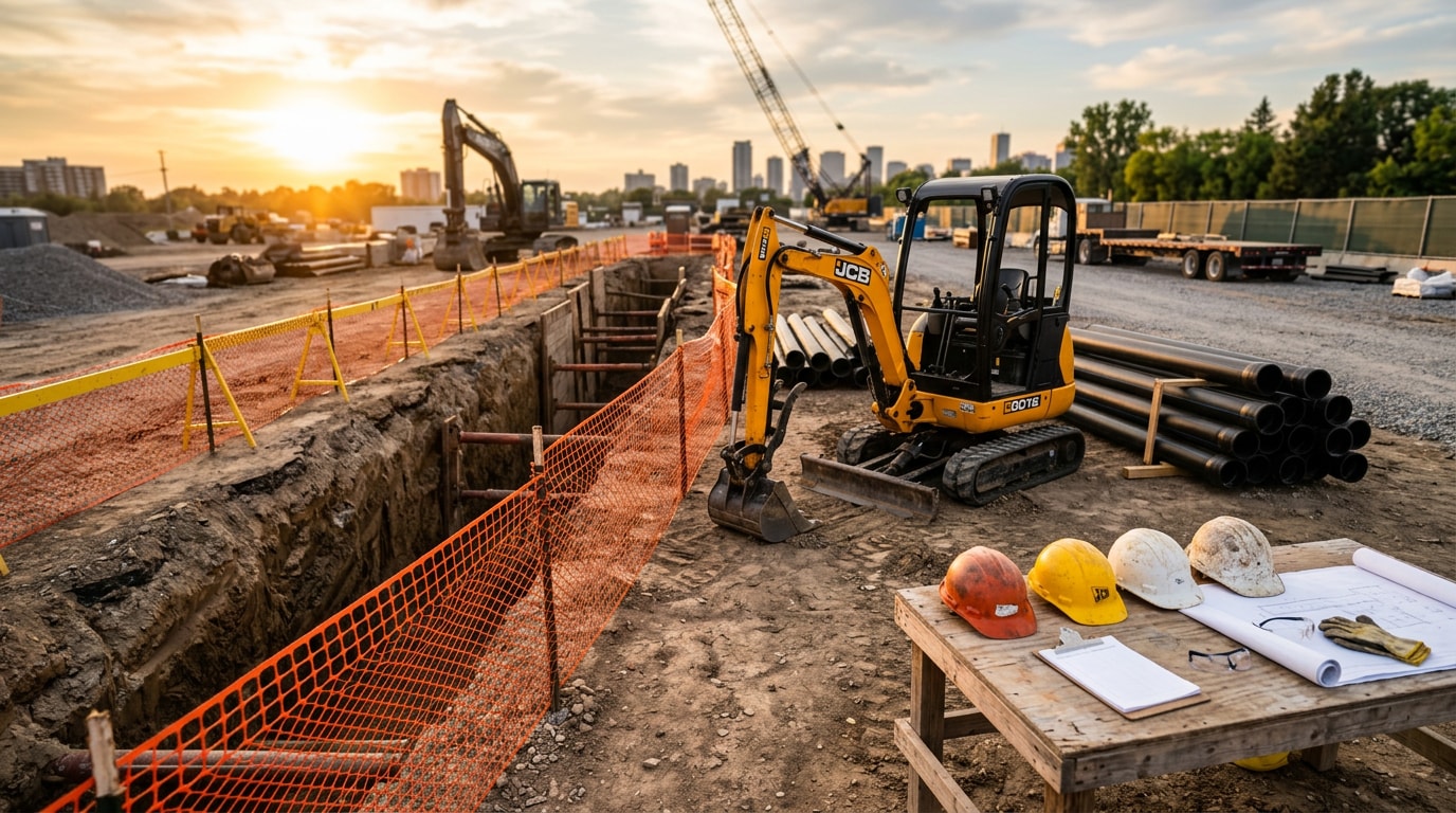 Construction job site with excavation trench and equipment staged for a crew