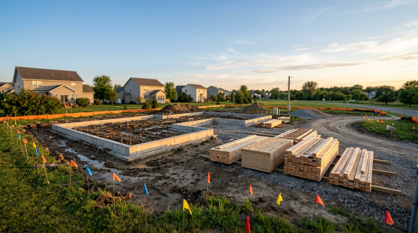 Residential construction lot with foundation footings and marked utility lines ready for a local builder