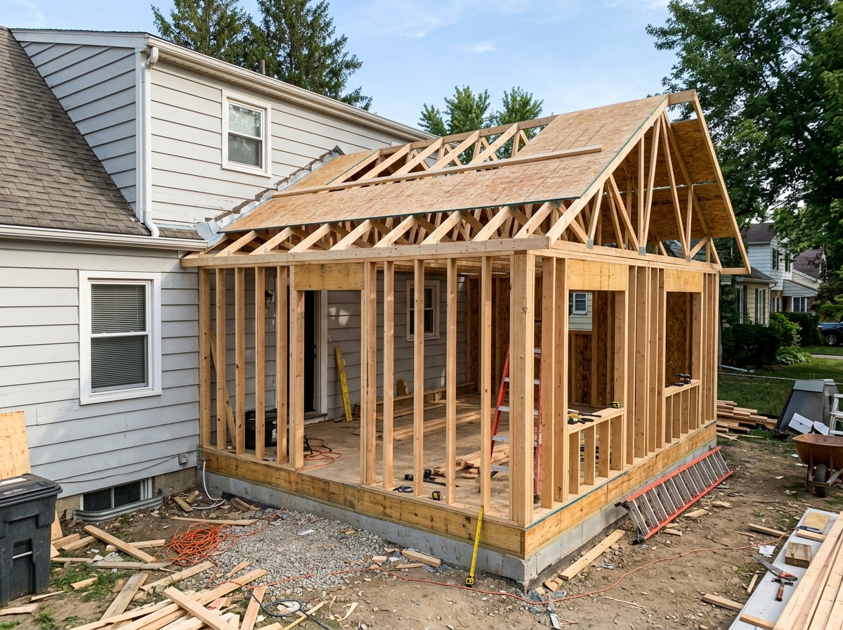 Framed single-story home addition tied into the existing house structure