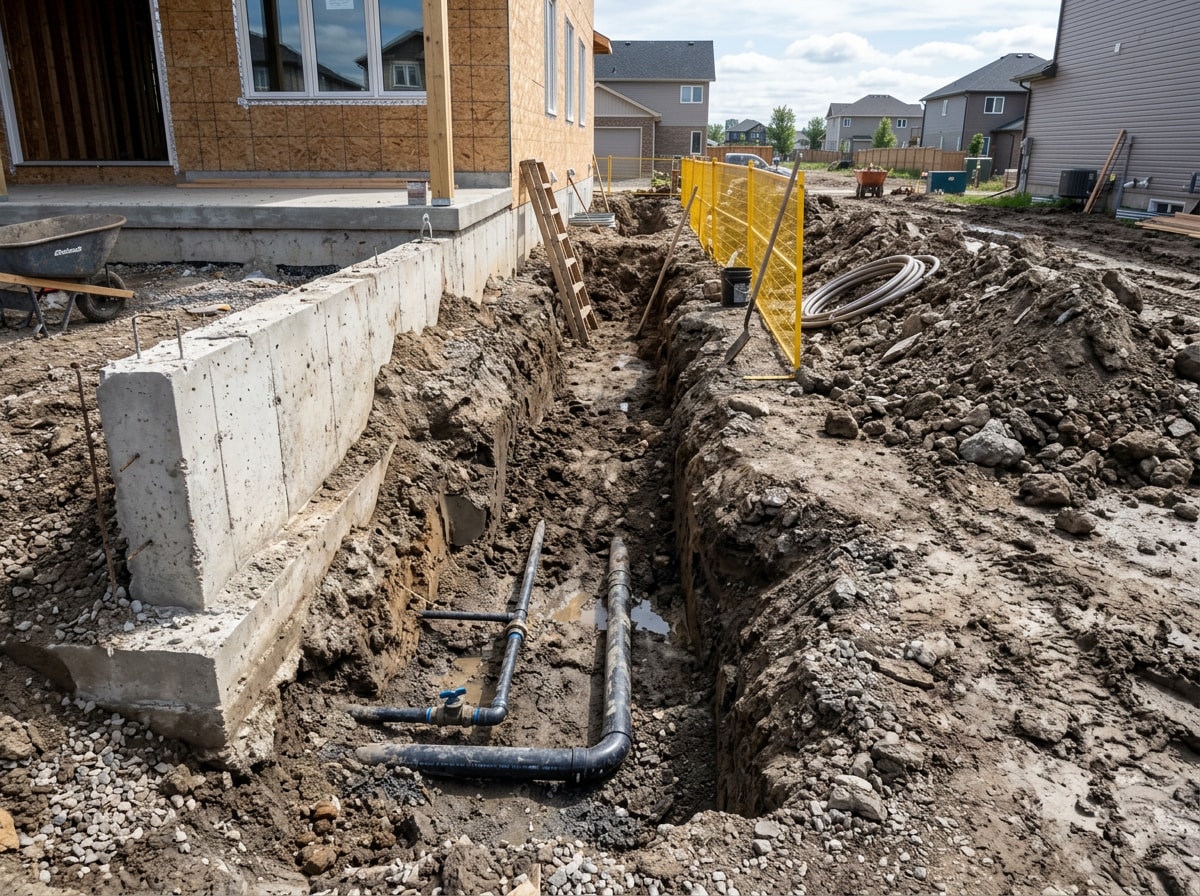 Excavated trench exposing utility lines before a home addition foundation pour