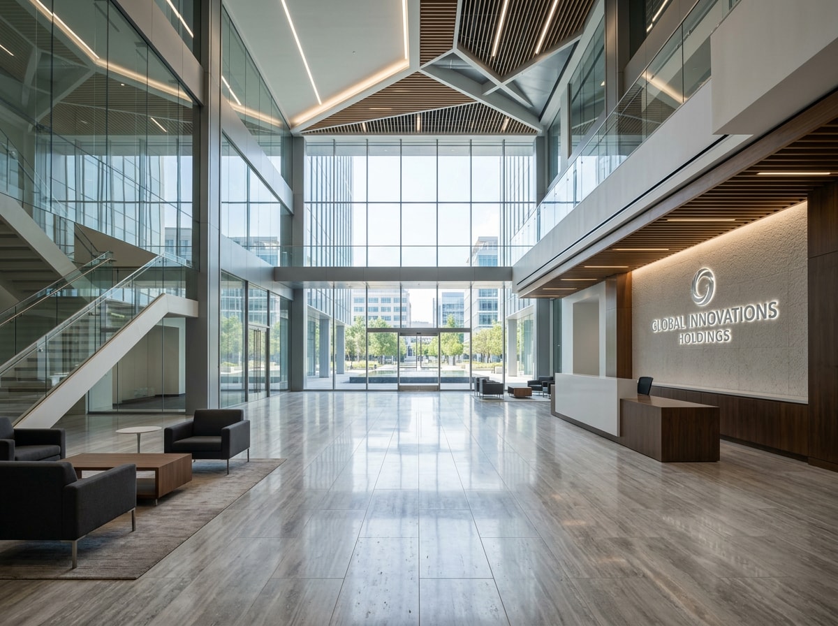 Modern corporate headquarters lobby with glass facade and open reception area