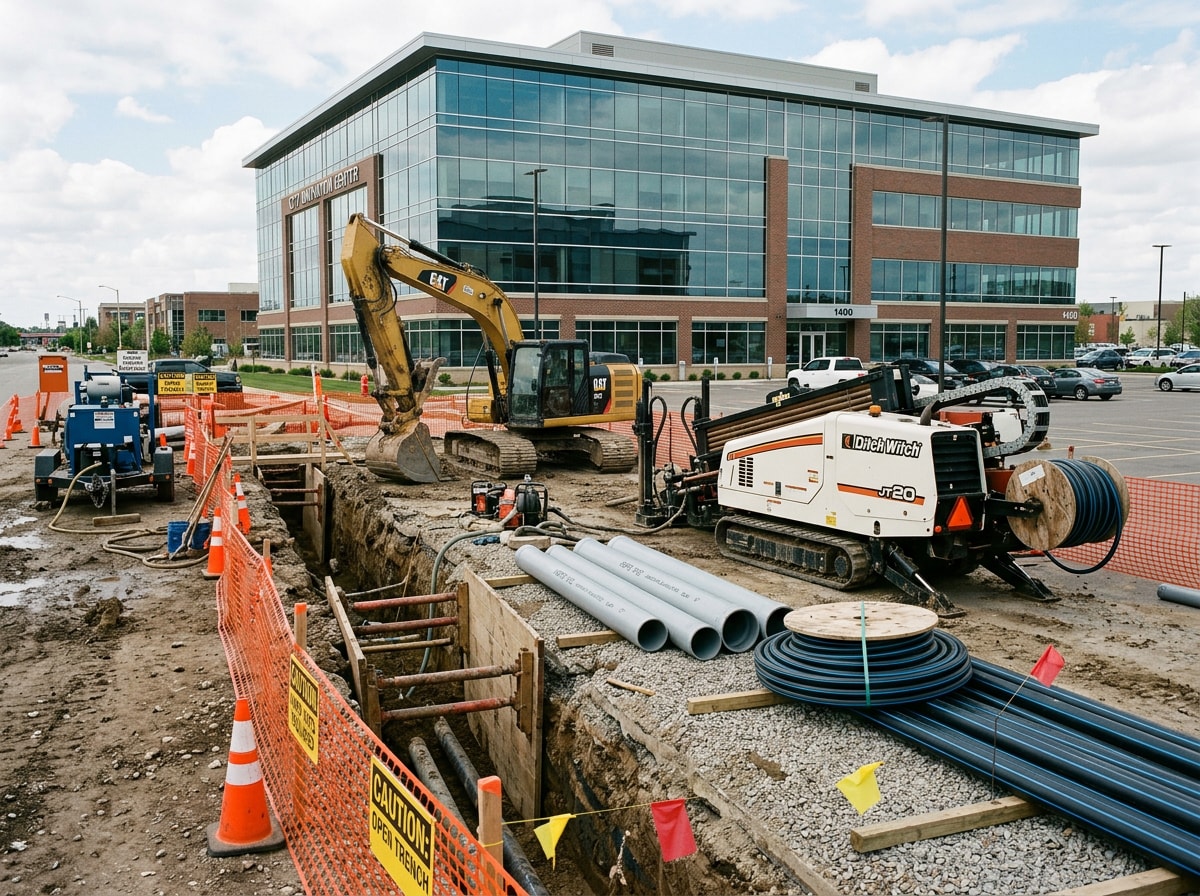 Trenchless utility installation equipment staged at a commercial construction site