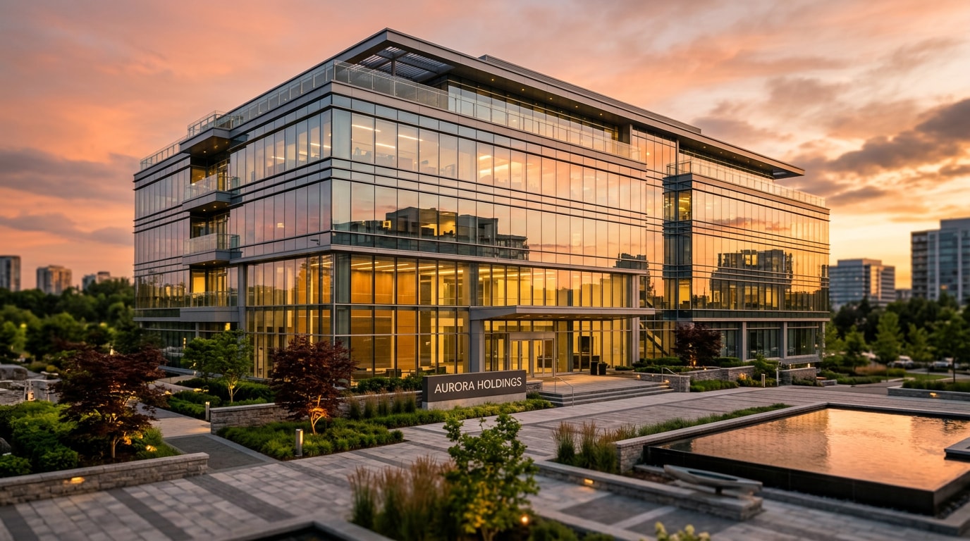 Modern corporate office headquarters building exterior with glass facade Modern corporate office headquarters building exterior with glass facade