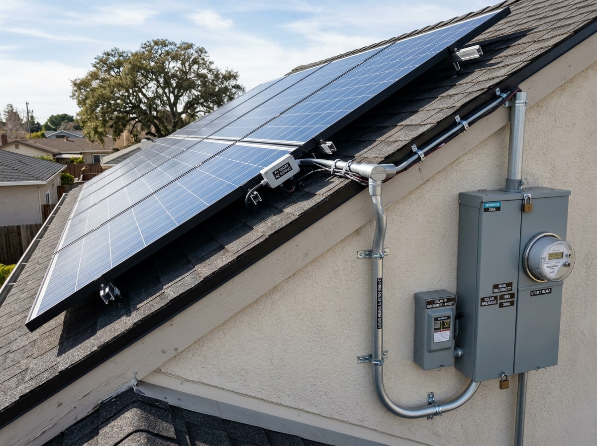 Residential rooftop solar panel array with visible conduit run to an exterior electrical panel