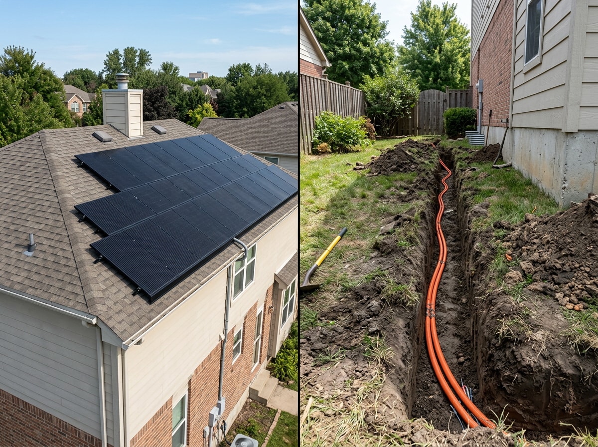 Split-screen comparison showing a completed solar installation beside an open utility trench with conduit