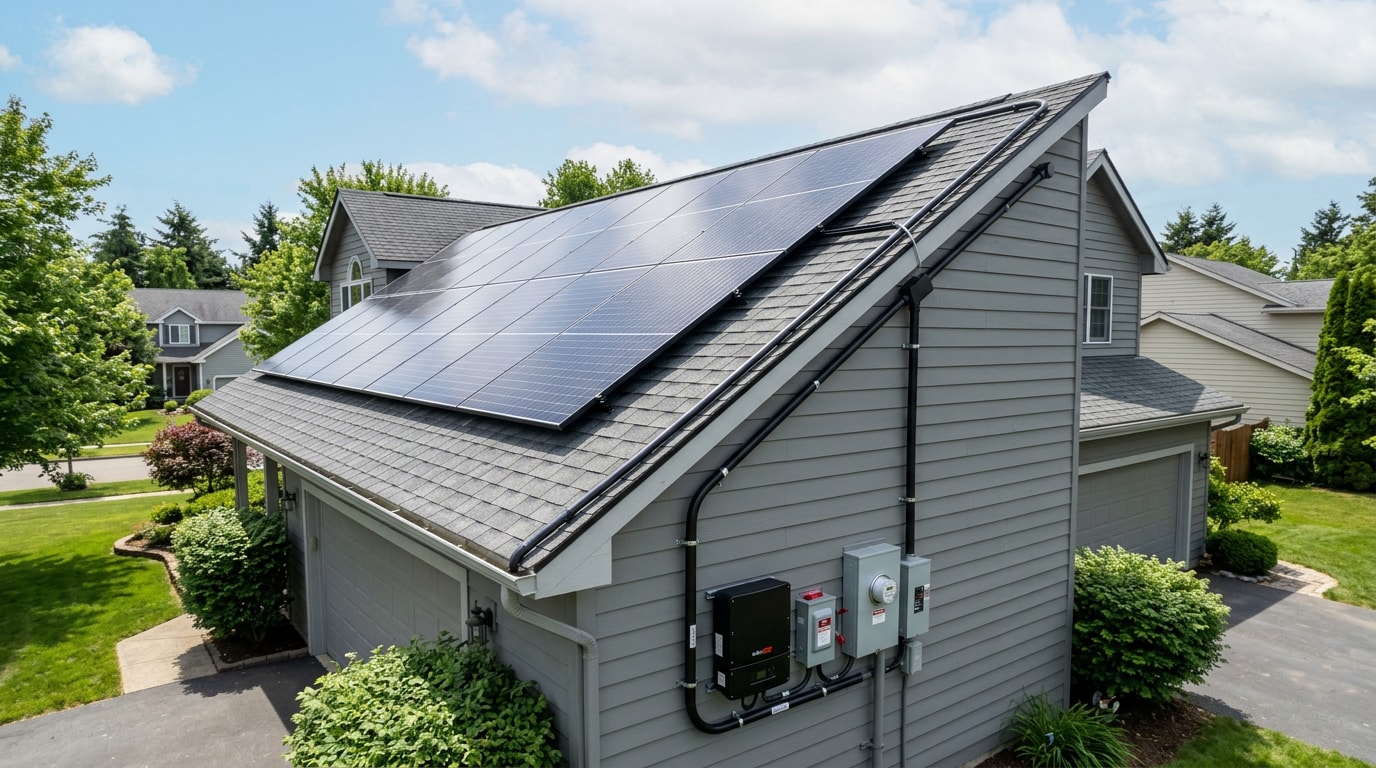 Finished residential rooftop solar panel installation with visible electrical conduit