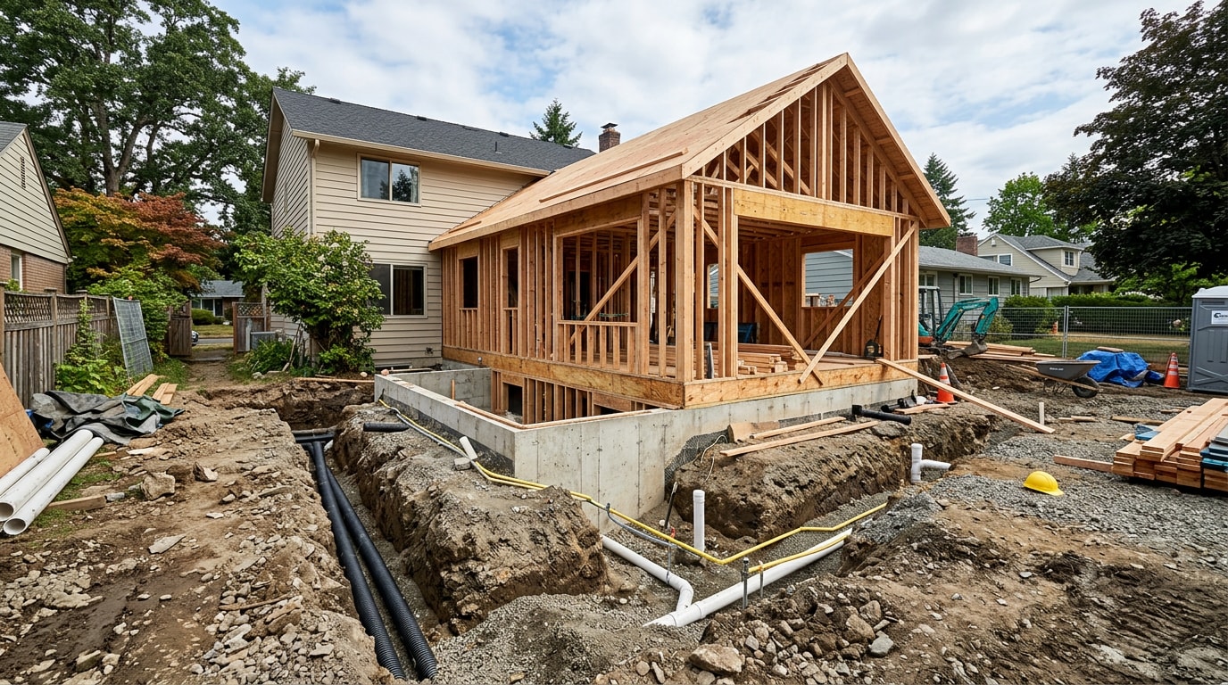 Design-build addition under construction with open utility trenching along the foundation