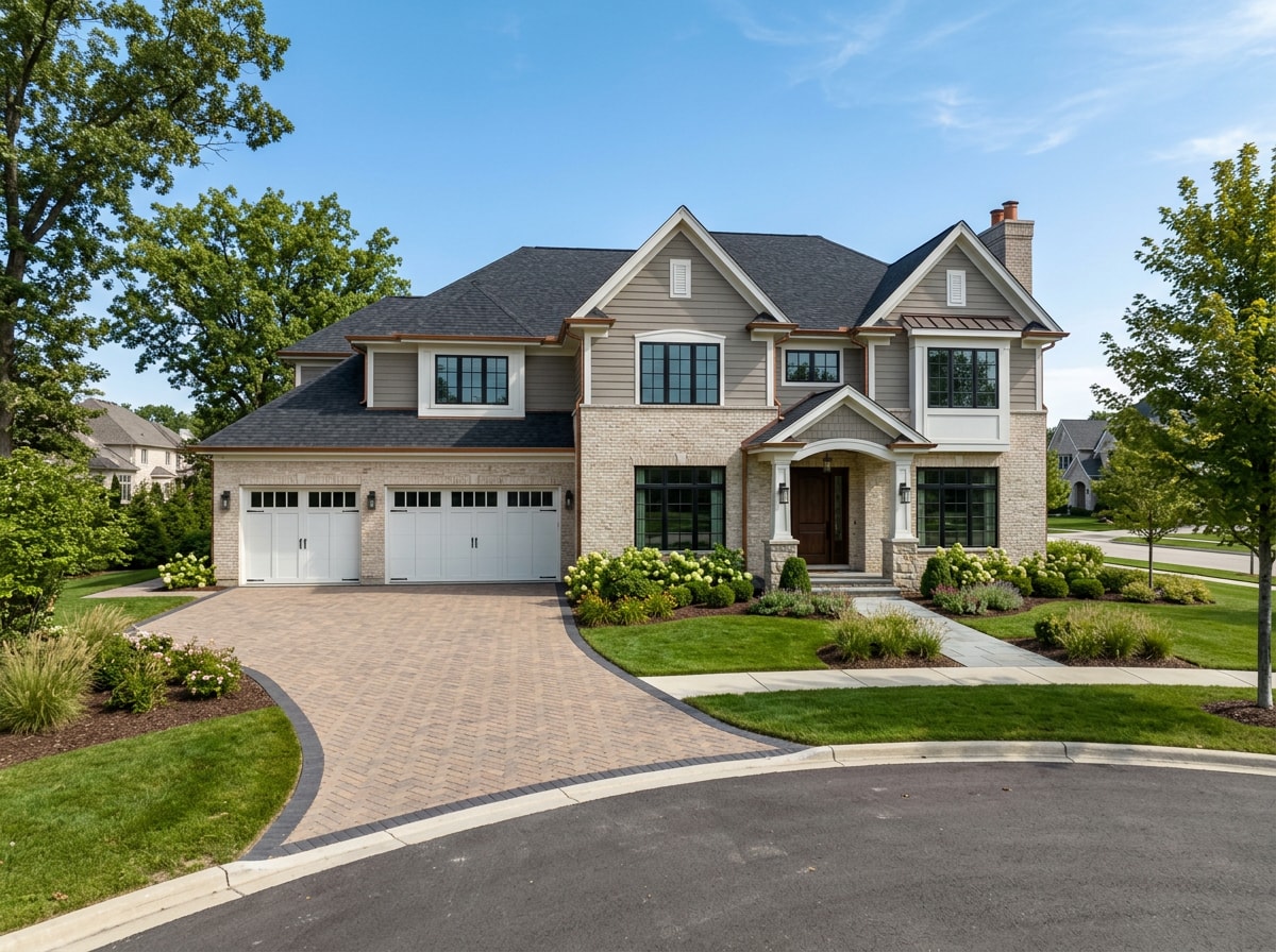 Completed luxury new-construction home exterior with finished landscaping and driveway