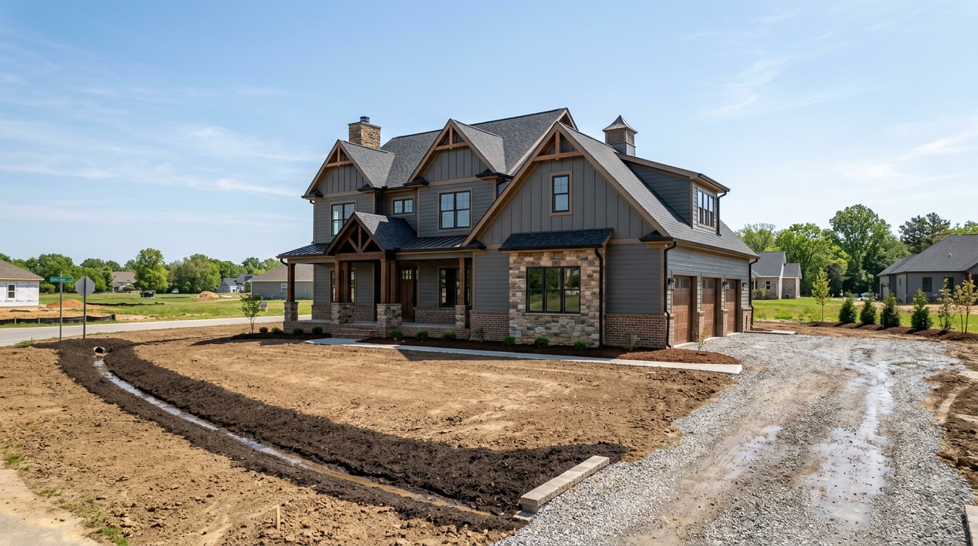 Finished luxury new construction home exterior with graded yard and drainage swale Finished luxury new construction home exterior with graded yard and drainage swale