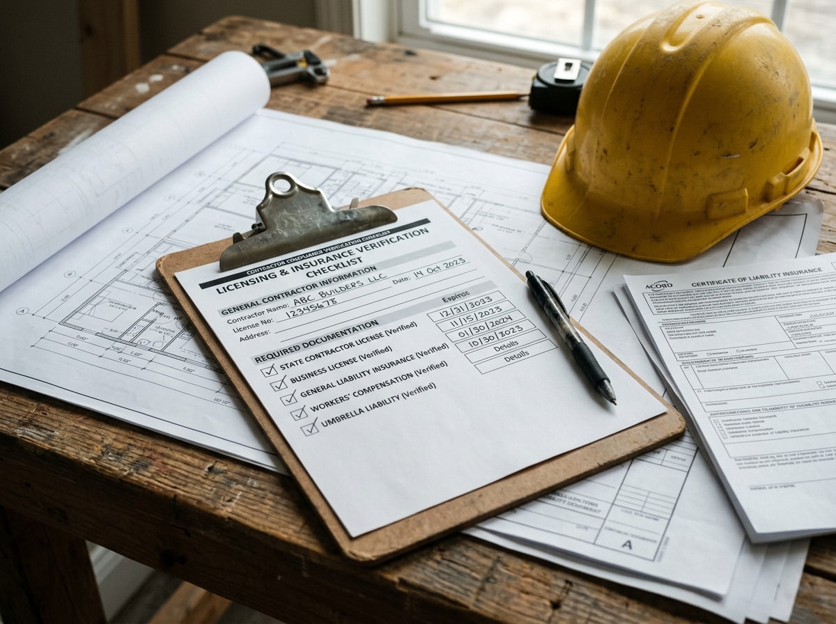 Checklist infographic showing steps to verify a Houston general contractor's license, insurance, and bonding