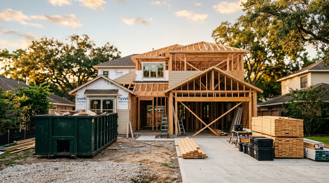 Residential construction site in Houston with new framing during a general contractor renovation project