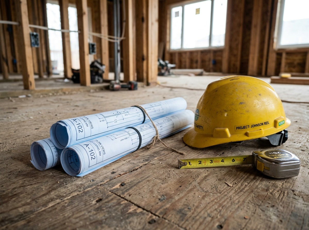 Rolled blueprints, a tape measure, and a hard hat resting on a plywood subfloor at a residential renovation site