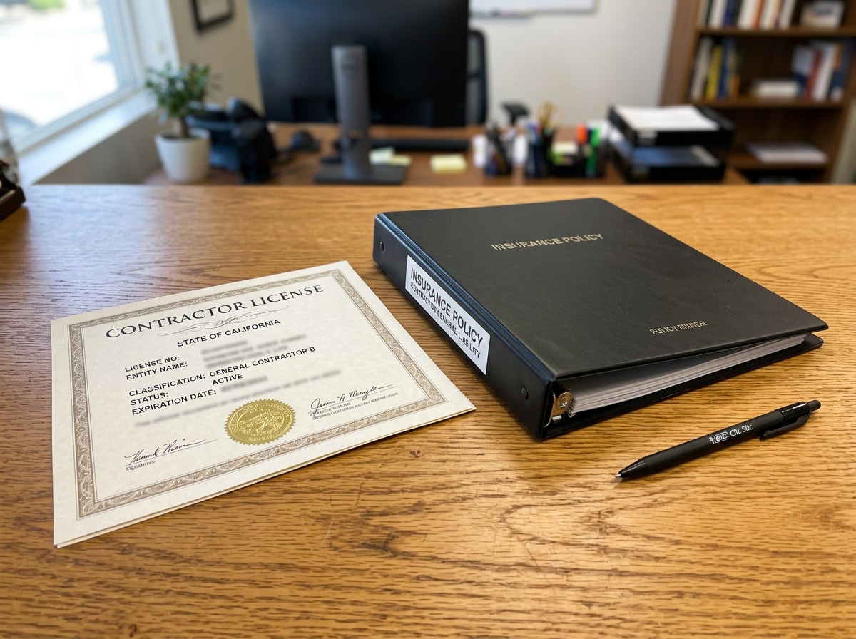 A printed contractor license certificate and an insurance binder laid out on a desk with a pen