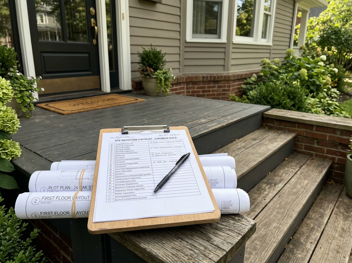 A clipboard checklist and pen resting on rolled blueprints outside a house exterior