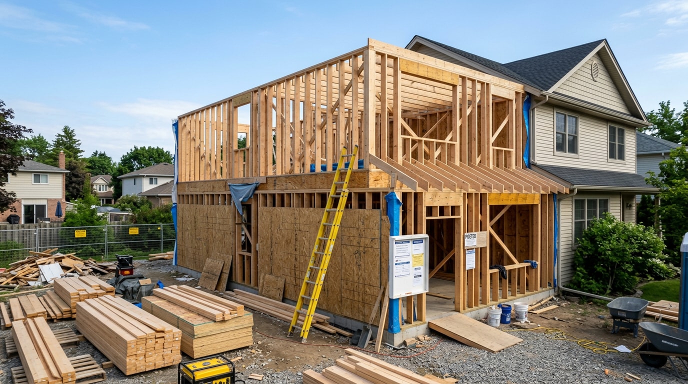 Residential home addition under construction with framing, tools, and a posted building permit