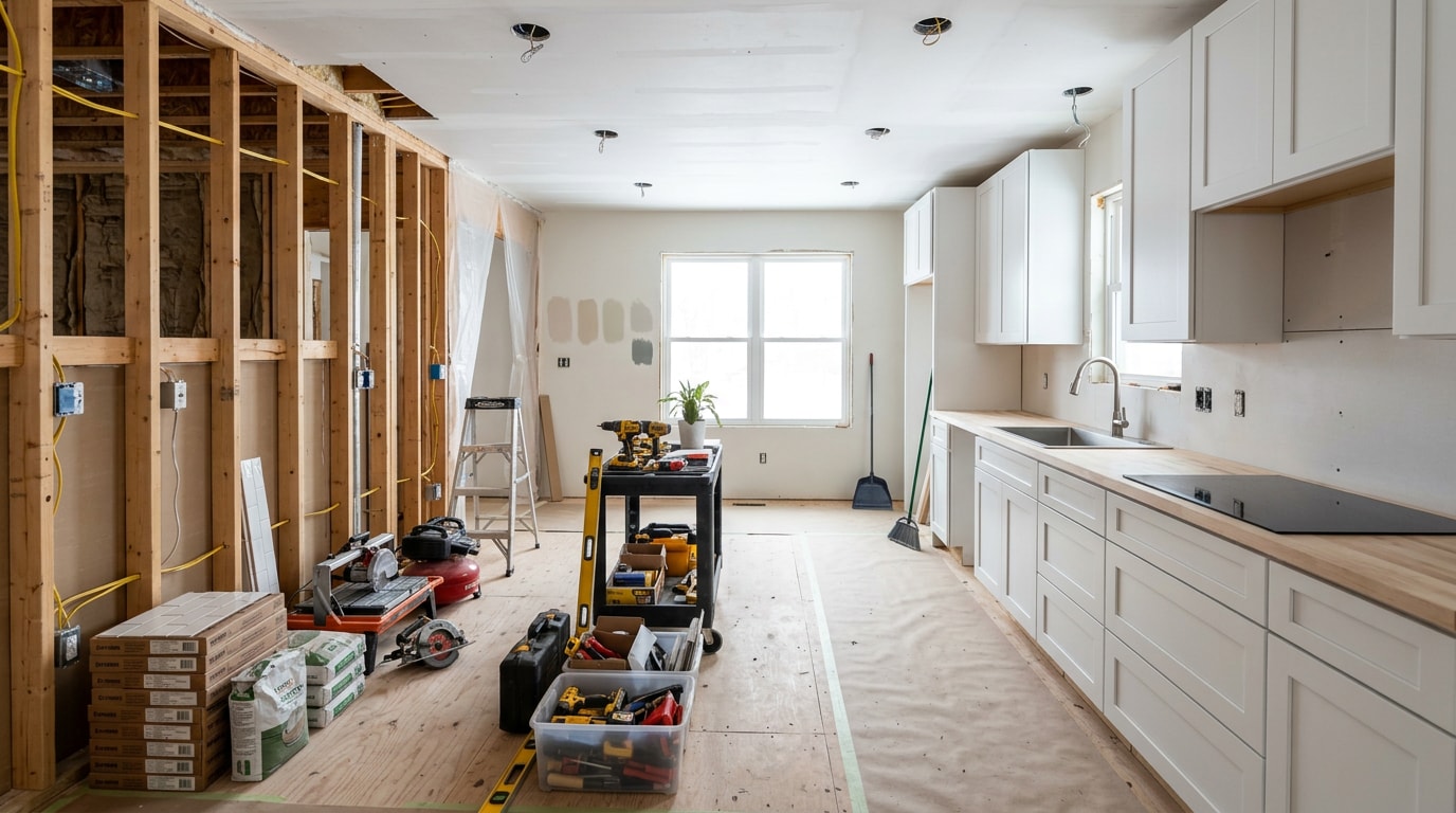 General remodeling contractor job site mid-renovation with framing and new cabinetry