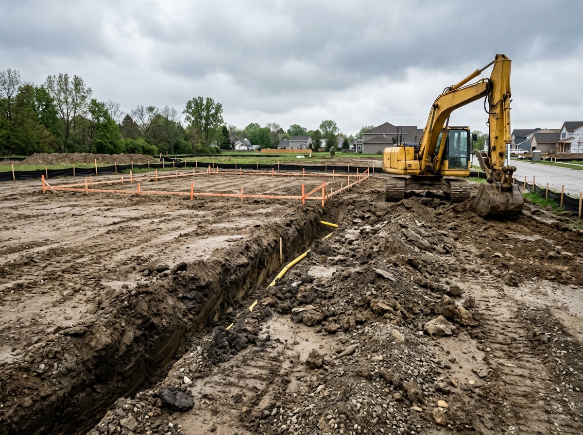 Excavation equipment clearing and grading a residential lot before home construction begins
