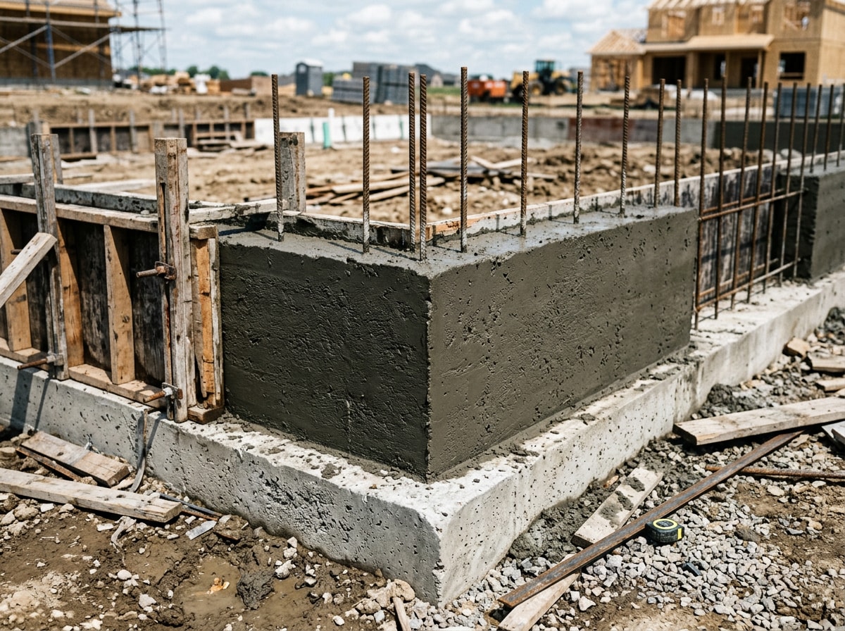 Poured concrete foundation walls under construction on a residential building site