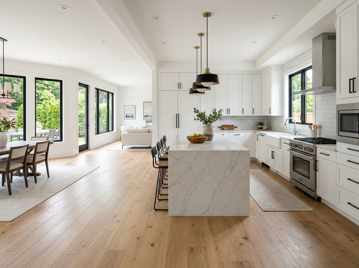 Finished interior of a newly built home showing flooring, cabinetry, and lighting fixtures installed