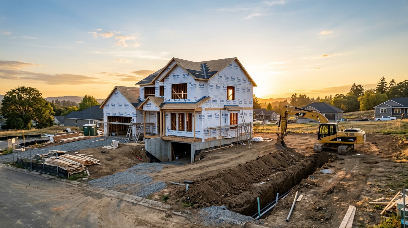 New home construction site with framed house and utility trench for water and sewer lines