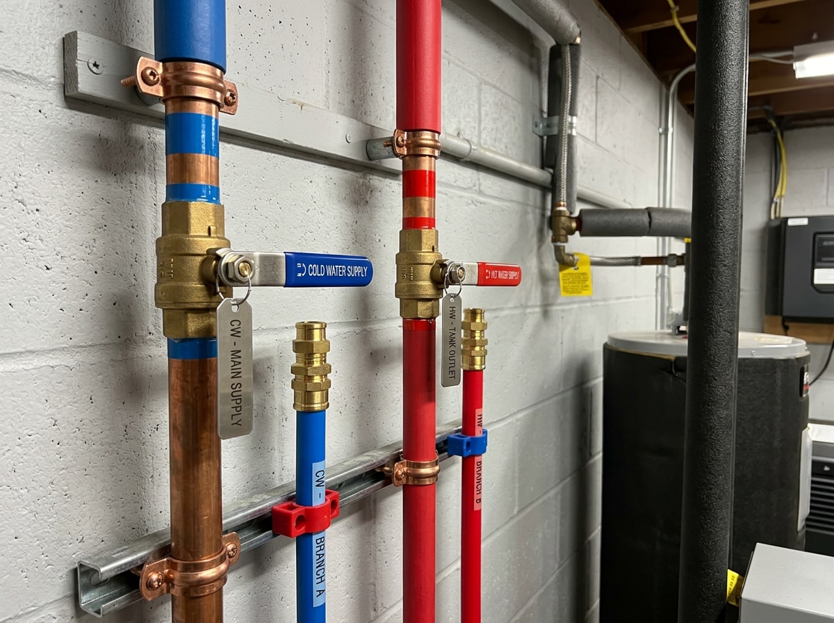 Basement mechanical room with color-coded blue and red supply pipes and labeled shutoff valves