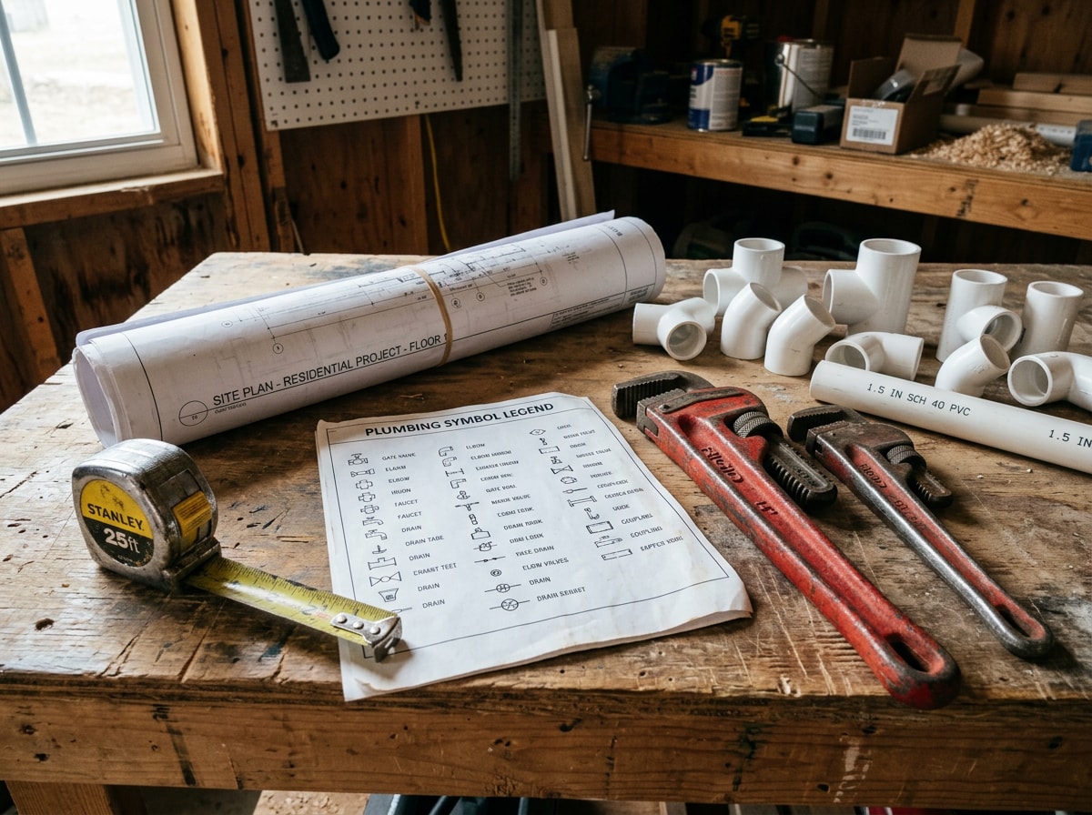 Printed plumbing symbol legend chart resting on a workbench next to pipe wrenches and fittings
