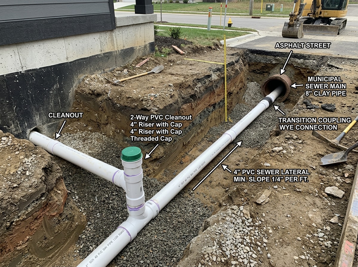 Labeled house sewer line diagram showing fixtures, cleanout, and private sewer lateral to the street