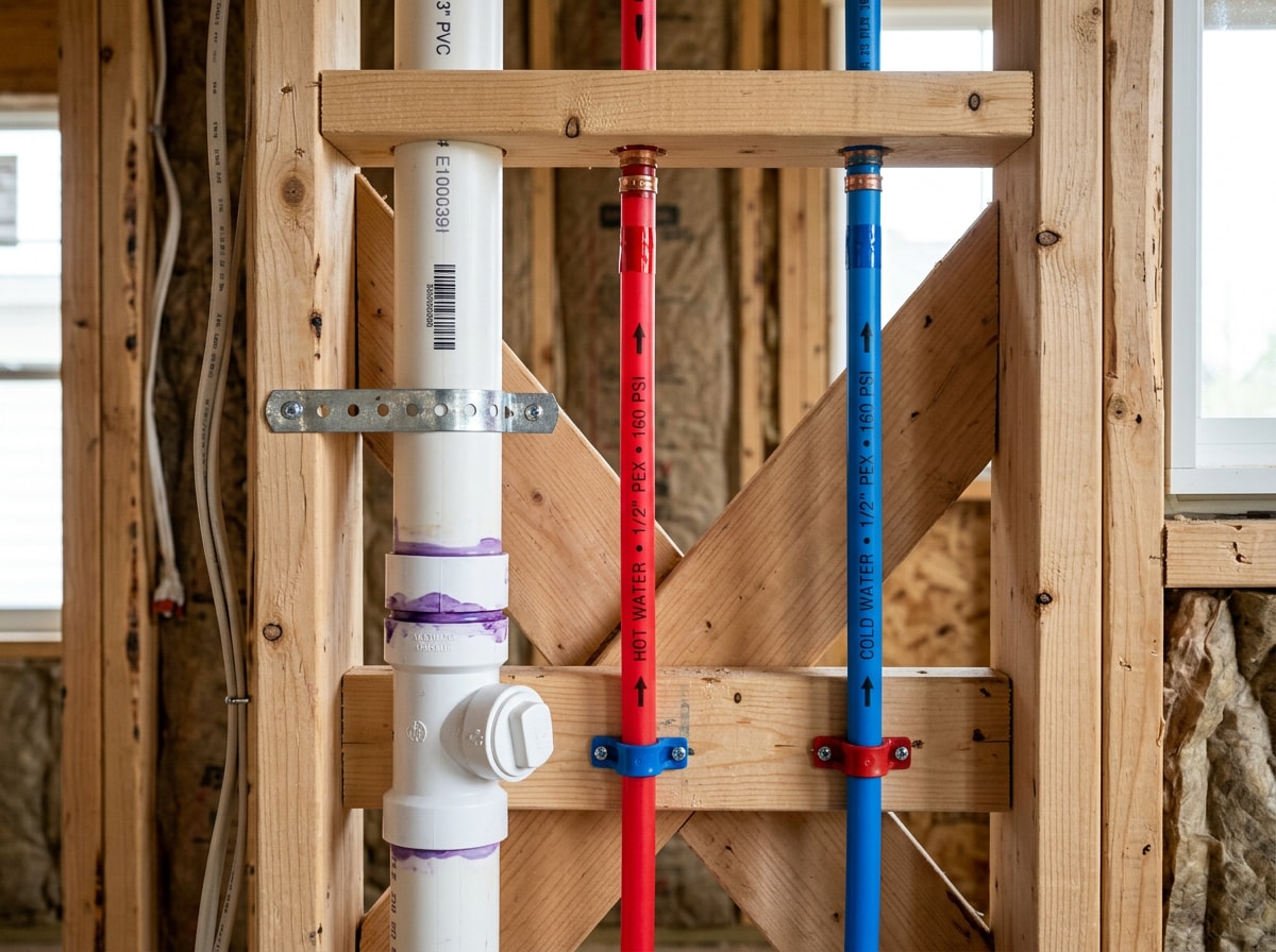 Annotated plumbing diagram with color-coded hot, cold, drain, and vent lines