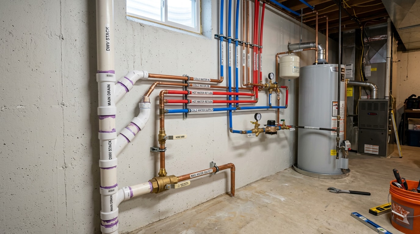 Residential basement plumbing installation showing water supply and drain-waste-vent pipes
