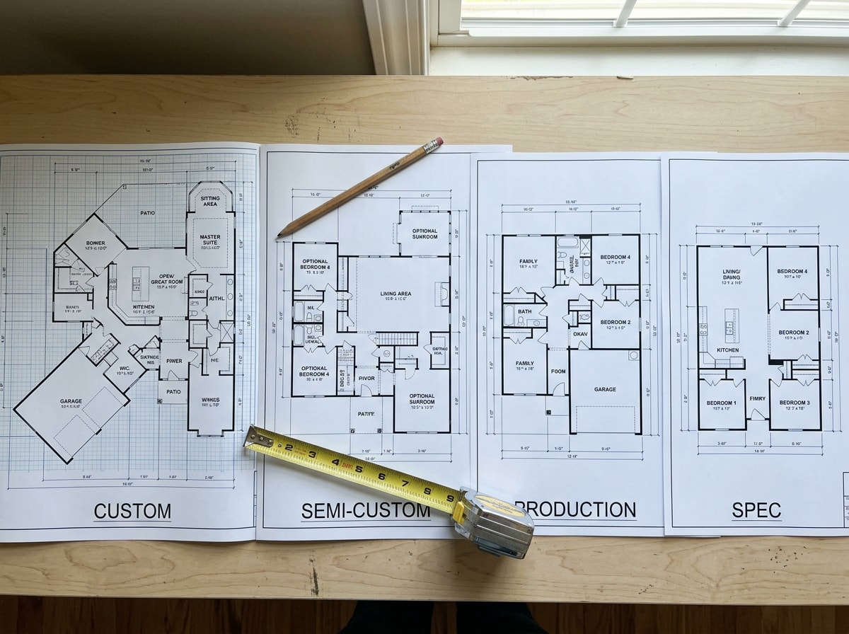 Comparison chart showing budget, timeline, and customization differences across custom, semi-custom, production, and spec home builder types