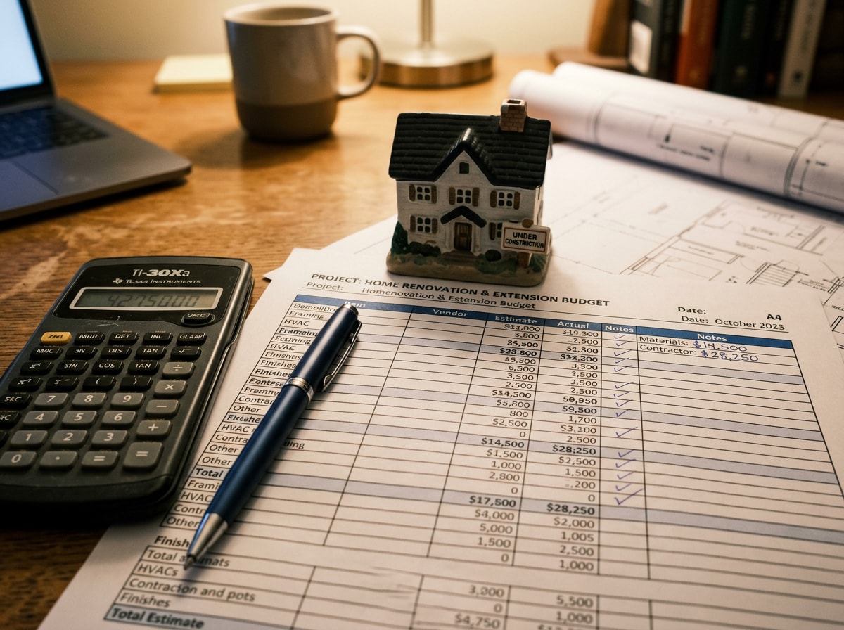 Sample home building budget breakdown showing land preparation costs, construction financing, and design fees as line items