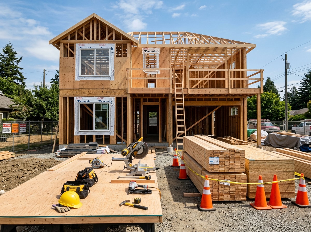 Job site visit showing organized materials, active construction progress, and a builder inspecting craftsmanship on framing